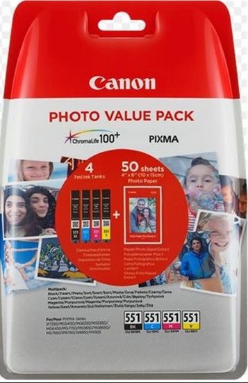 Canon CLI-551XL C/M/Y/BK + 50x PP-201 (6443B006), barevná