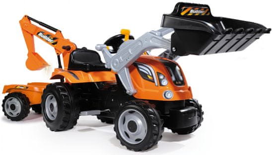 Smoby Šlapací traktor Builder Max s bagrem a vozíkem oranžový