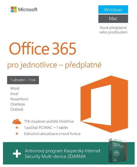 Microsoft Office 365 pro 1 PC/MAC + Kaspersky Internet Security Multi Device, bez média, 1 rok - pouze k zařízení (QQ2-00012)