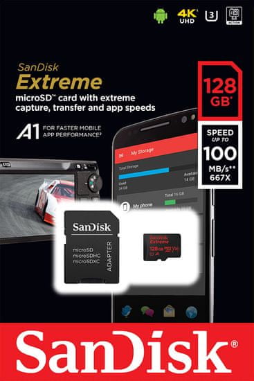 SanDisk microSDXC 128 GB UHS-I V30 A1 Extreme 100MB/s + adaptér (SDSQXAF-128G-GN6MA)