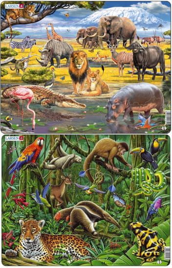 LARSEN Puzzle set Deštný prales Jižní Ameriky a Africká savana MAXI