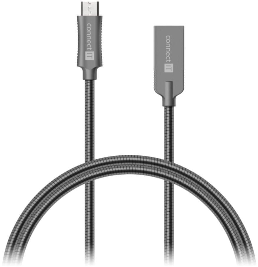 Levně Connect IT CONNECT IT Wirez Steel Knight Kabel (Micro USB - USB), kovová tmavě šedá, 1 m