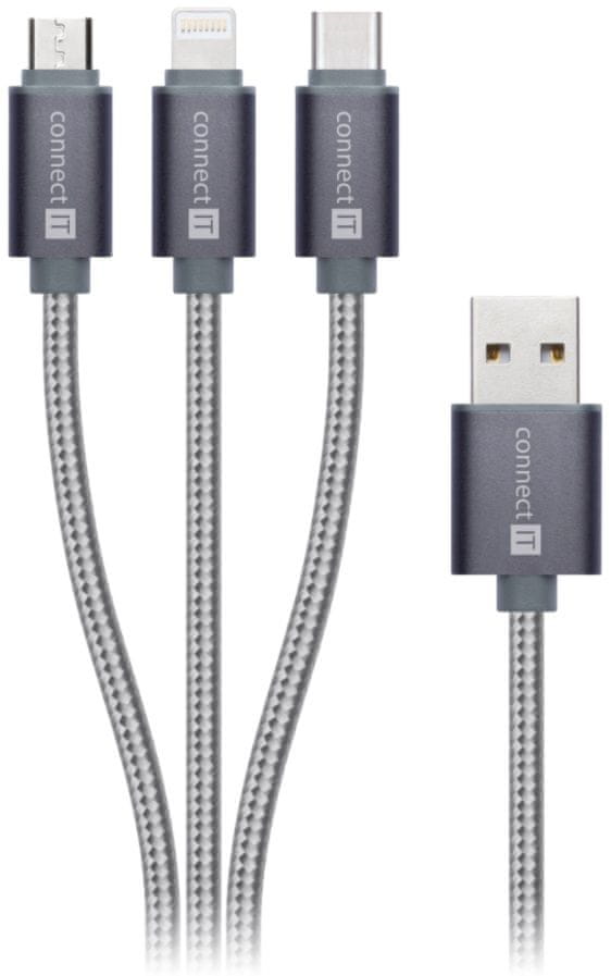 Levně Connect IT CONNECT IT Wirez 3v1 Kabel (USB-C & Micro USB & Lightning), stříbrně šedá, 1,2 m
