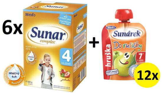 Sunar kojenecké mléko Complex 4 jahoda - 6 x 600g + Sunárek Do ručičky 12x90g