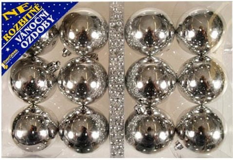 EverGreen Vánoční ozdoby koule 12 ks + řetěz, stříbrná