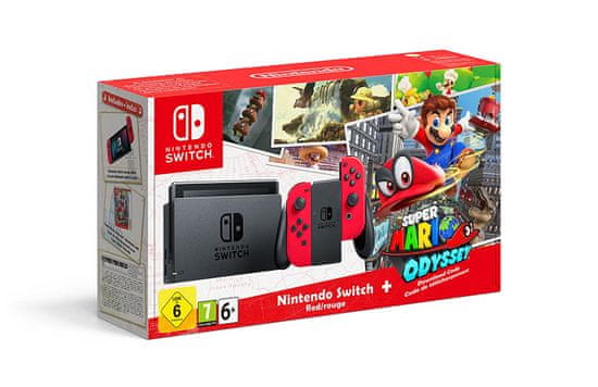 Nintendo Switch + Joy-Con červený + Super Mario Odyssey - použité