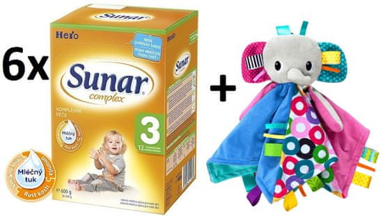 Sunar kojenecké mléko Complex 3 - 6 x 600g + mazlící dečka Bright Starts slon