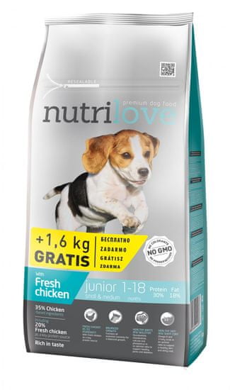 Nutrilove Dry Junior Small & Medium Fresh Chicken 8 kg + 1,6 kg Zdarma