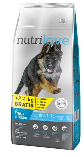 Nutrilove Dog Junior Large Fresh Chicken 12kg + 2,4kg Zdarma