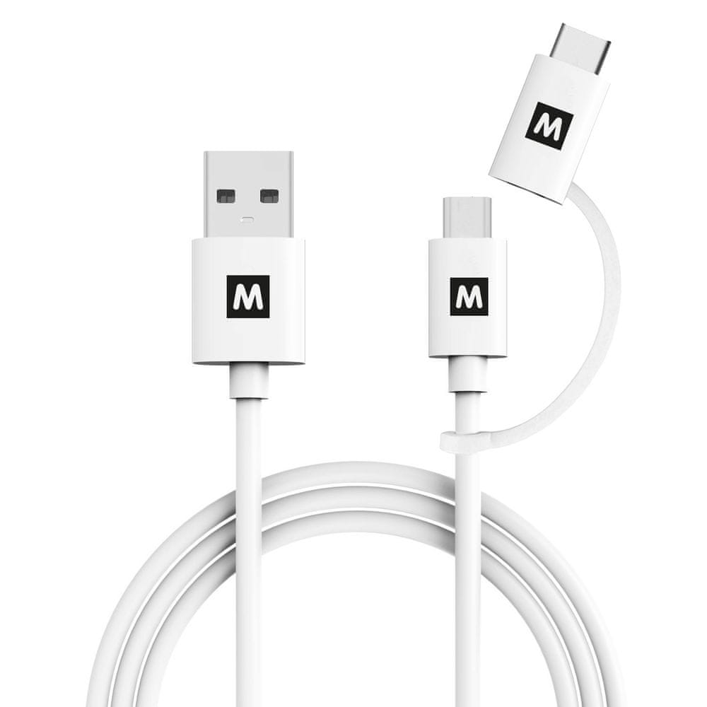Levně MAX propojovací datový kabel USB 2.0, USB a USB A, micro USB a adapterem USB C 1m, bílá