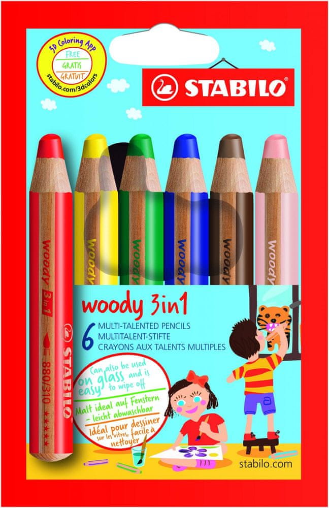 Stabilo Barevné pastelky Woody, 6 barev, maxi, 3v1