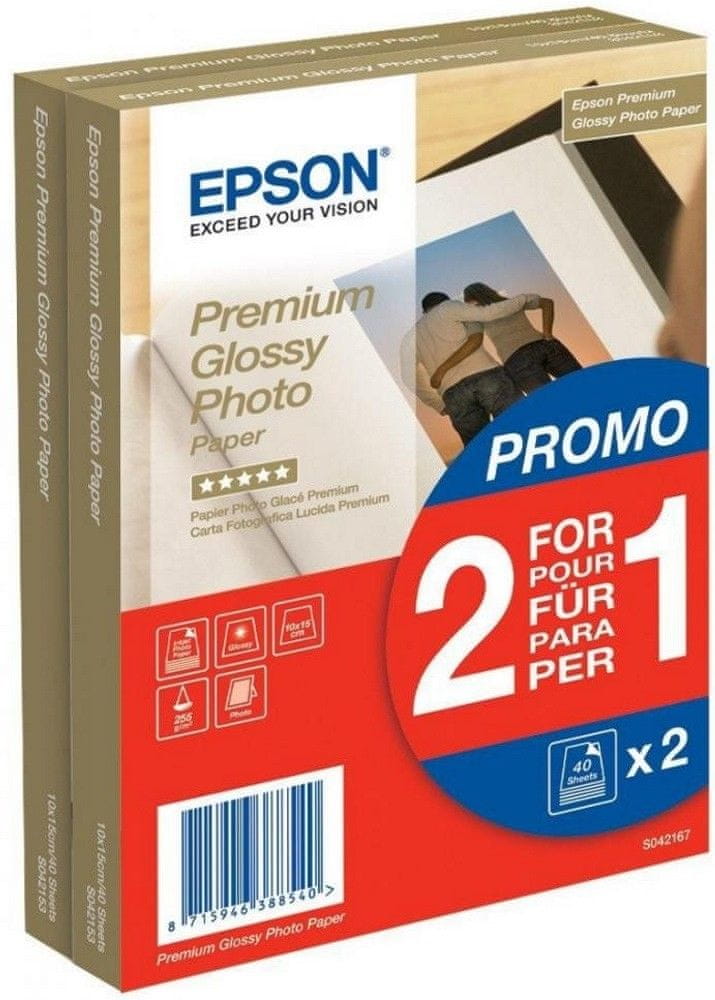 Levně Epson Foto papír Premium Glossy, 10x15 cm (A6), 2x40 listů, 255g/m2, lesklý (C13S042167)