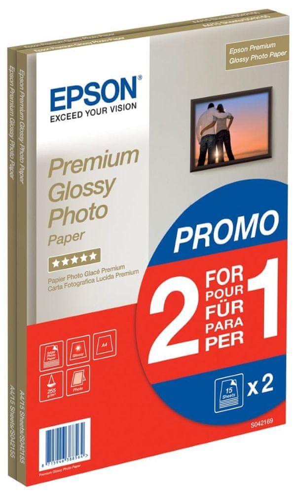 Levně Epson Foto papír Premium Glossy, A4, 2x15 listů, 255g/m2, lesklý (C13S042169)