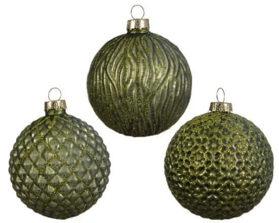 Kaemingk Set 3 ks vánočních ozdob s reliéfem, olivově zelená, skleněné