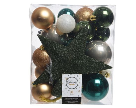 Kaemingk Set 33 ks vánočních ozdob včetně špičky, plast, tmavě zelené