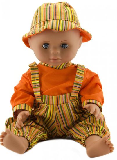 Teddies Miminko 40 cm, pevné tělo oranžový proužek + oranžová košile + klobouk