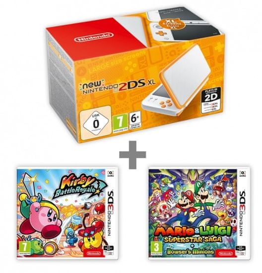 Nintendo New 2DS XL White&Orange + Kirby Battle Royale + Mario & Luigi: Supersaga