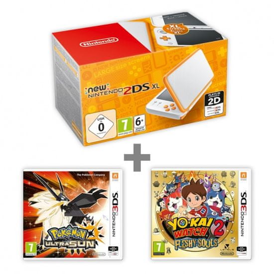 Nintendo New 2DS XL White&Orange + Pokémon Ultra Sun + YO-KAI WATCH 2: Fleshy Souls