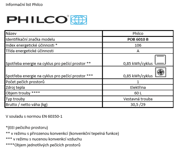 Philco vestavná trouba POB 6010 B + bezplatný servis 3 roky