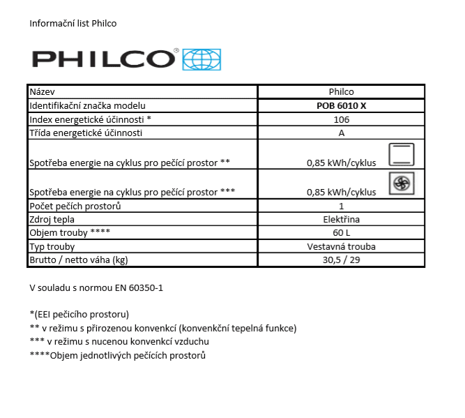 Philco vestavná trouba POB 6010 X + bezplatný servis 3 roky