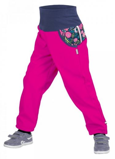 Unuo Dívčí softshellové kalhoty s fleecem Květinky Fuchsie 98/104 růžové