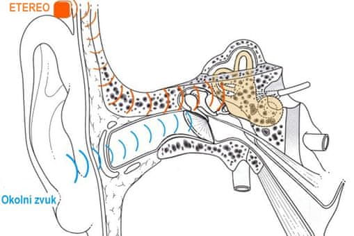 Bone conduction, vedení zvuku vibracemi lebeční kosti, bez brnění na spáncích, bezpečný poslech. 