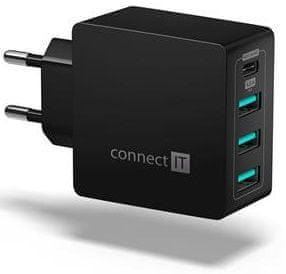 Connect IT Fast Charge nabíjecí adaptér 3× USB-A + 1× USB-C, 4,8 A, černý CWC-4060-BK