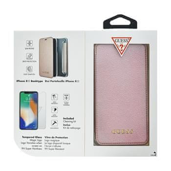 Guess Bundle Leather Book Case Iridescent Rose Gold + Tempered Glass pro iPhone XR GUBPBKTI61IRG