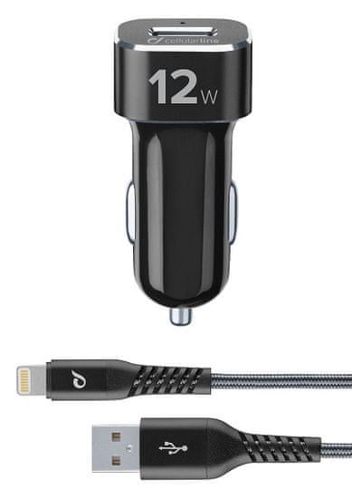 CellularLine Set USB autonabíječky a Lightning kabelu Tetra Force 12 W, certifikace MFI , černá TETRCBRKITMFIPH2A