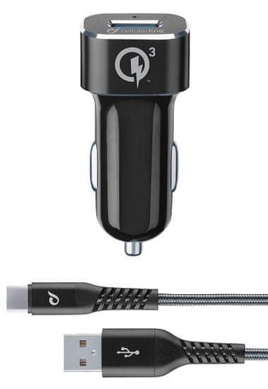 CellularLine Set USB autonabíječky a USB-C kabelu Tetra Force 18 W, Qualcomm Quick Charge 3.0, černá TETRCBRHUKITQCTYCK