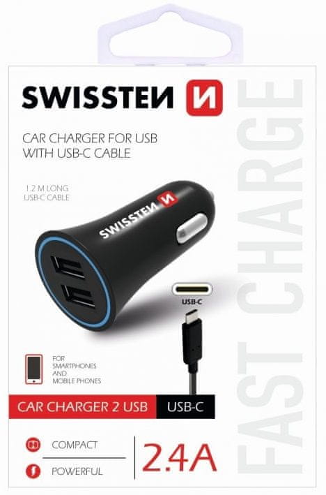 Levně SWISSTEN CL adaptér 2,4 A Power 2× USB + kabel USB-C 20110908