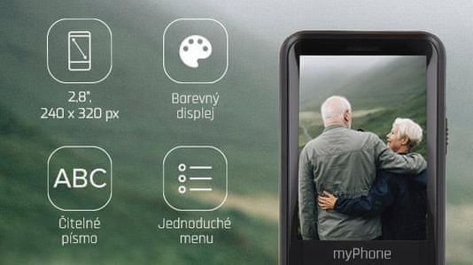myPhone Halo Q, mobil pro důchodce, velká tlačítka, čitelné písmo, SOS tlačítko, funkce najít telefon.