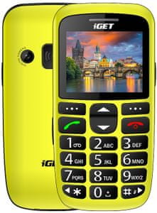 iGet Simple D7, Yellow, mobil pro seniory, s velkými tlačítky, velký displej, SOS, fotokontakty, jednoduché ovládání.