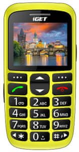 iGet Simple D7, Yellow, mobil pro důchodce, velká tlačítka, SOS tlačítko, vlastní vyzváněcí tón, hlasová oznámení.