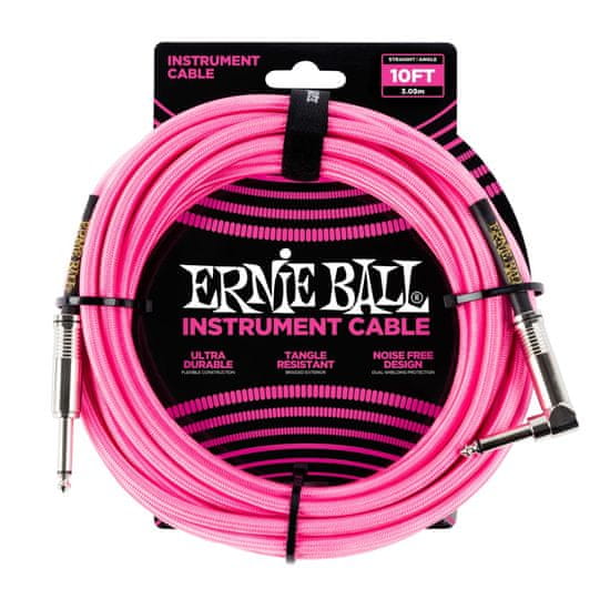 Ernie Ball 6078 10' Braided Straight / Angle Instrument Cable - Neon Pink - opletený nástrojový kabel 3m