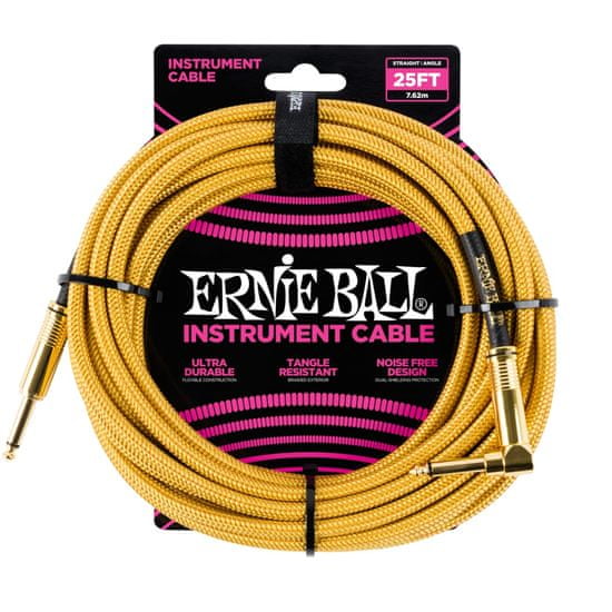 Ernie Ball 6070 25' Instrument Braided Cable - nástrojový kabel rovný / zahnutý pozlacený jack - 7.62m - zlatá barva