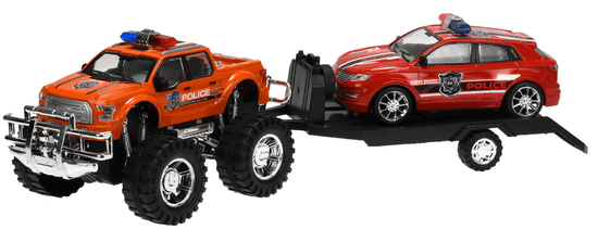 Mikro hračky Terénní auto Policie s přívěsem 58cm na setrvačník + auto na setrvačník,oranžová