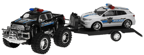 Mikro hračky Terénní auto Policie s přívěsem 58cm na setrvačník + auto 22 cm na setrvačník, černá