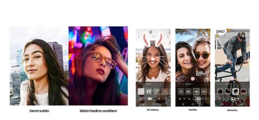 Samsung Galaxy A70, selfie kamera s vysokým rozlišením, filtry, emoji, rozostřené pozadí