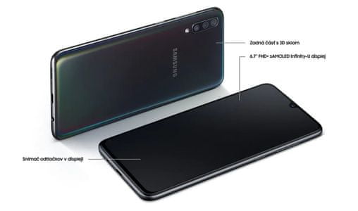 Samsung Galaxy A70, čtečka otisků prstů v displeji, 3D sklo, pohodlný do ruky