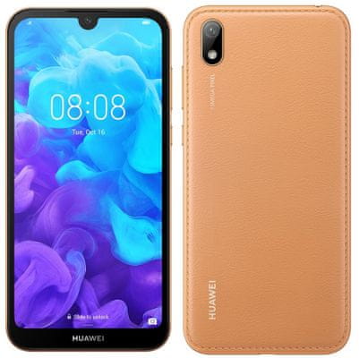 Huawei Y5 2019, nízká cena, levný telefon, velký displej, odemykání obličejem, kožený design