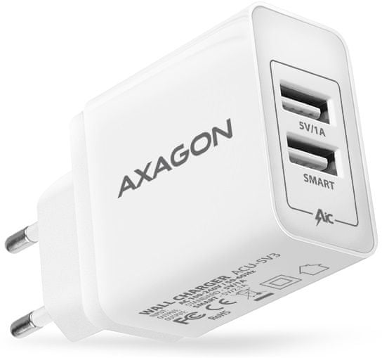 AXAGON SMART nabíječka do sítě, 2x port 5V-2.1A + 1A, 15.5W, ACU-5V3