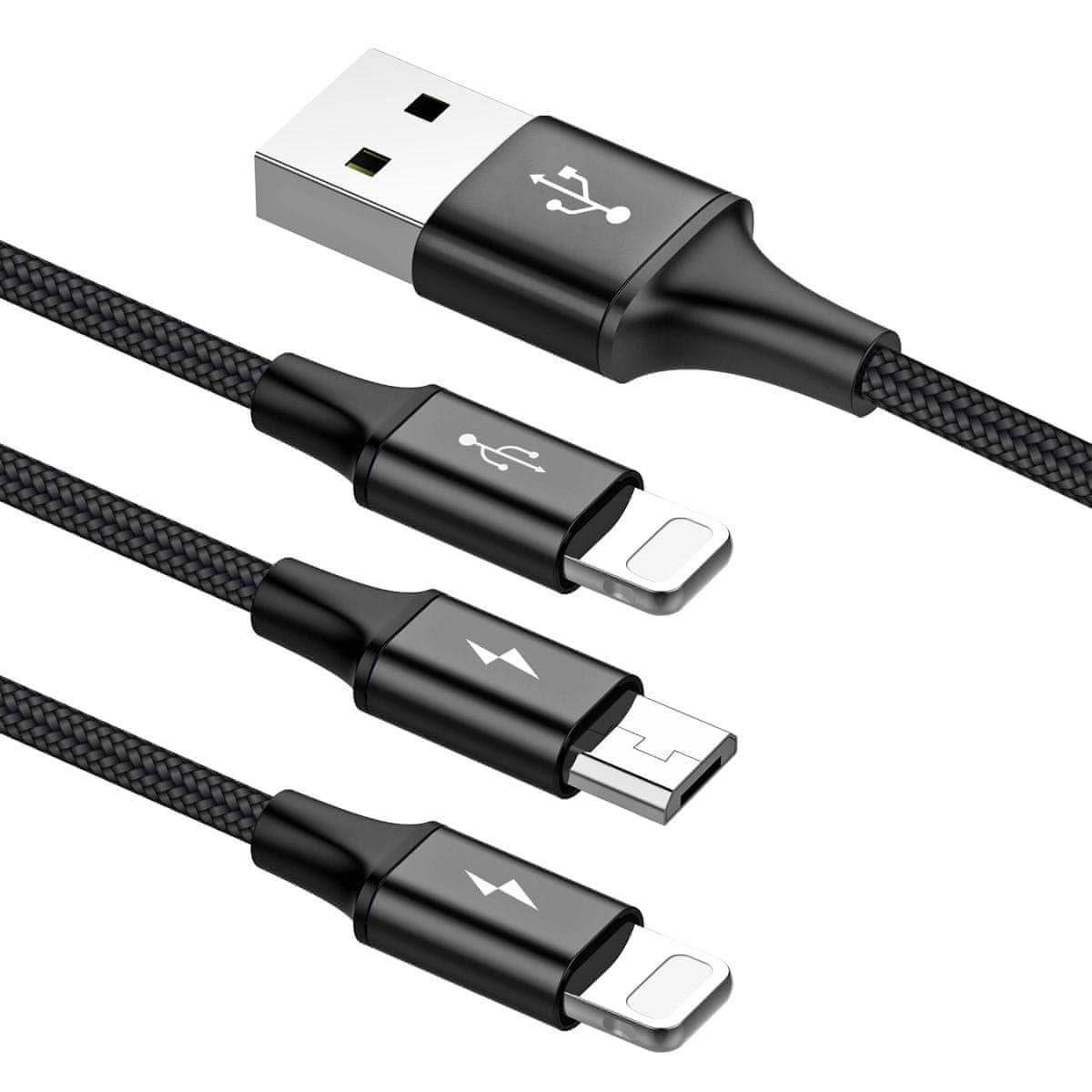 Baseus Rapid 3v1 nabíjecí kabel pro Micro USB, Lightning (2x) 3A/1.2m, černá CAMLL-SU01 nabíjecí kabel