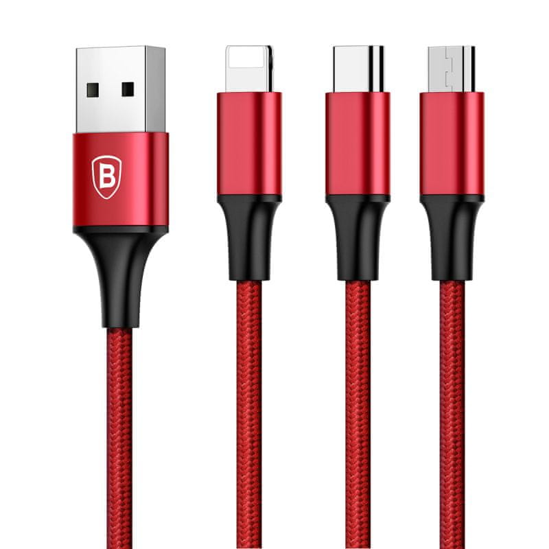  Baseus Rapid 3v1 nabíjecí kabel pro Micro USB, Lightning, Type-C 3A/1.2m, červená CAMLT-SU09 nabíjecí kabel