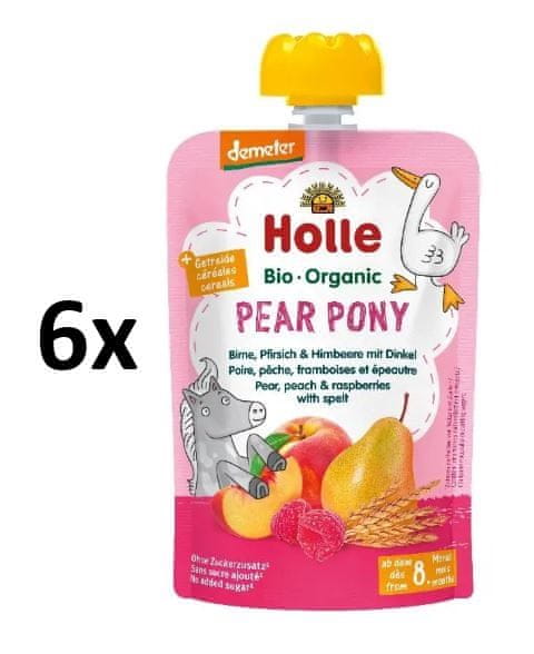Holle Bio Pear Pony 100% ovocné pyré hruška, broskev, maliny a špalda - 6 x 100g