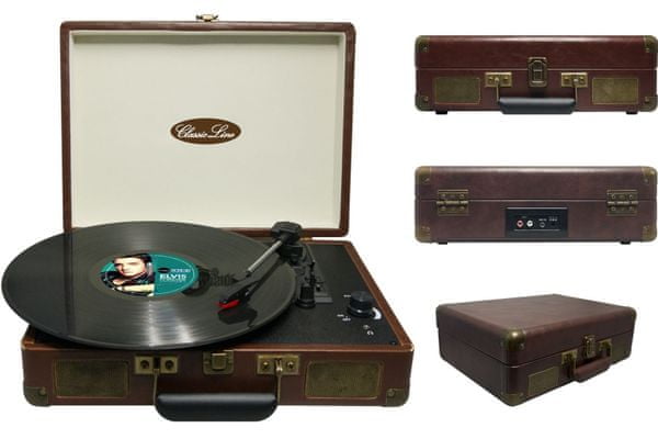 krásný kufříkový gramofon soundmaster vcs3 retro styl 3 rychlosti otáček auto stop rca výstup připojení sluchátek čisticí sada 3 lp desky hliníkový kufr