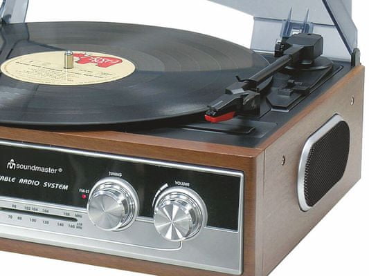 retro gramofon soundmaster pl186h retro styl 3 rychlosti otáček rca výstup připojení sluchátek protiprachový kryt vestavěné reproduktory am fm rádio otočné ovládání analogové ladění