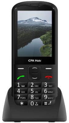 CPA Halo 18 Senior, mobil pro seniory, nabíjecí stojánek, velký displej, čitelné velké písmo, velká oddělen tlačítka, SOS tlačátko