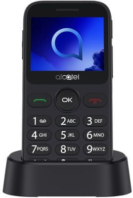 Alcatel 2019G, mobil pro seniory, velká tlačítka, SOS tlačítko, nabíjecí stojánek, Dual SIM, dlouhá výdrž, jednoduché ovládání