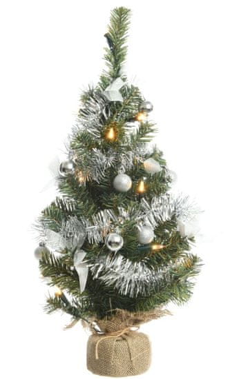Kaemingk Mini vánoční stromeček se světýlky, nazdobený stříbrnými ozdobami, 60 cm, 20 LED